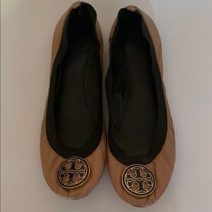 Tory Burch Tan Leather Flats with Signature Medallion